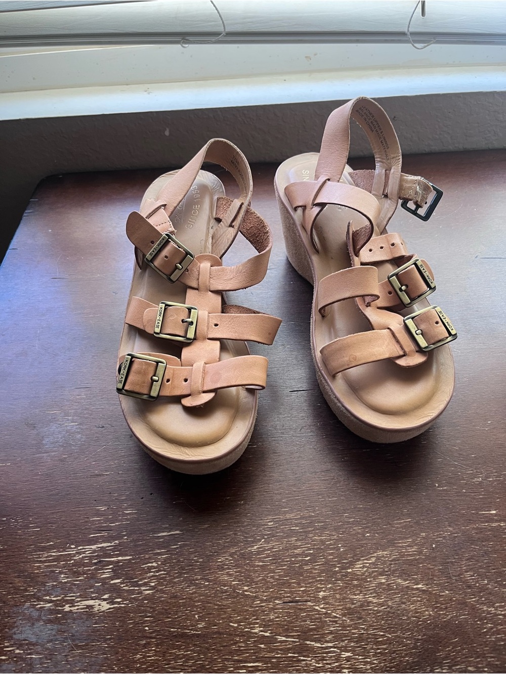 Kork-Ease Women's Tan Leather Wedge Sandals with Buckles